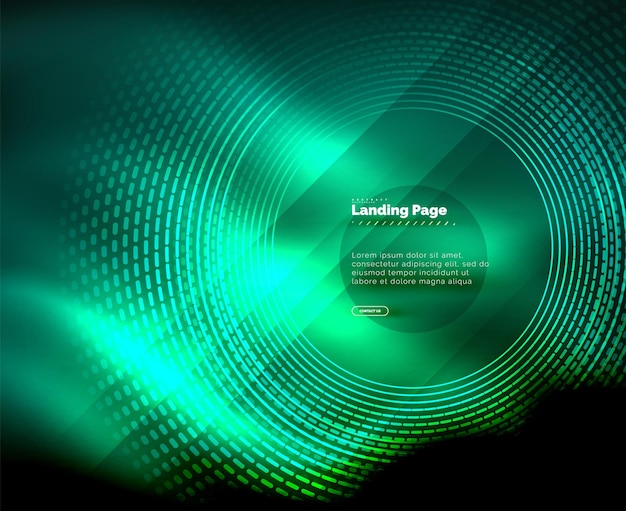 Plantilla de fondo abstracto futurista de alta tecnología de líneas tecno brillantes de neón con plantilla de página de destino de círculos