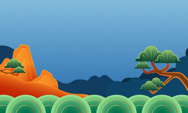 Vector plantilla de fondo de año nuevo chino ilustraciones con patrón azul y paisaje chino tradicional