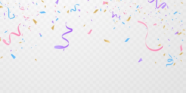Plantilla de fondo de celebración con confeti y cintas de colores.