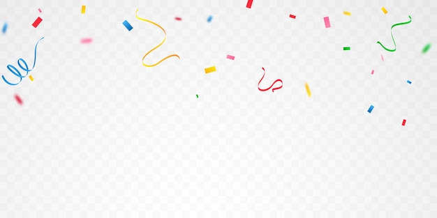 Plantilla de fondo de celebración con confeti y cintas de colores.
