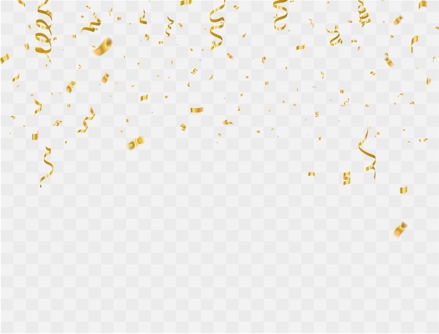 Plantilla de fondo de celebración con confeti y cintas doradas. tarjeta rica de saludo de lujo.