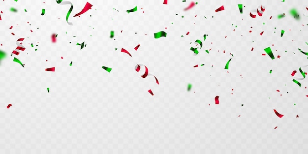Plantilla de fondo de celebración con confeti verde y rojo y tarjeta de felicitación de cinta de lujo
