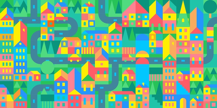 Vector plantilla de fondo de diseño de patrón de ciudad geométrica suiza de bauhaus de vector urbano abstracto de moda de dibujos animados