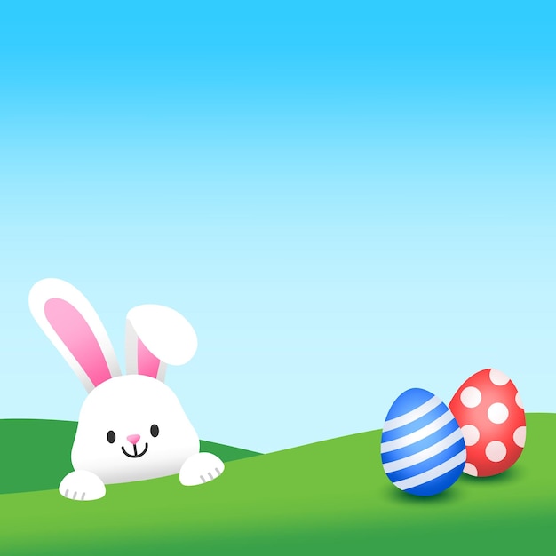 plantilla de fondo del estandarte del día de Pascua con conejo con huevos en el campo de hierba y el cielo azul claro