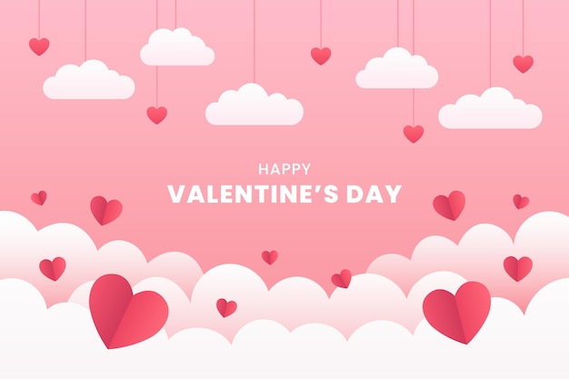 Vector plantilla de fondo de feliz día de san valentín con nubes colgantes y corazones para cartel o banner