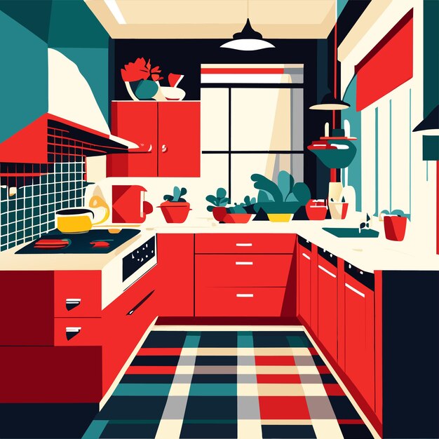 Vector plantilla de fondo interior de la cocina moderna sala de comidas de dibujos animados con muebles