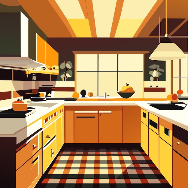 Vector plantilla de fondo interior de la cocina moderna sala de comidas de dibujos animados con muebles