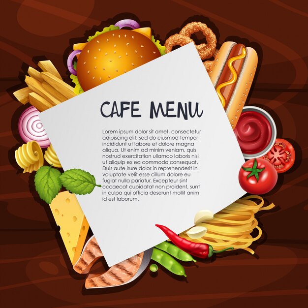 Plantilla de fondo de menú Cafe con diferentes tipos de comida