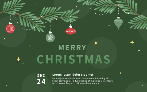 Plantilla de fondo de Navidad con hojas de abeto y adornos
