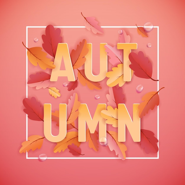 Plantilla de fondo de otoño con hermosas hojas y gotas de lluvia, ilustración de otoño con arte de papel para banner web, plantilla de tarjeta, papel tapiz, portada, invitación en vector