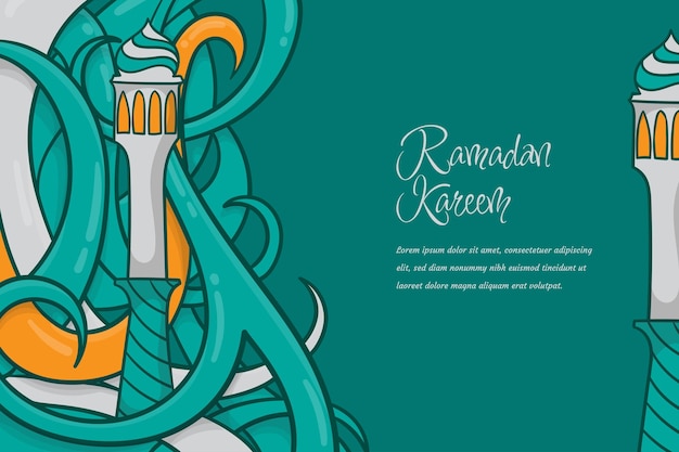 Plantilla de fondo de ramadán verde con minarete y rama en diseño de dibujos animados