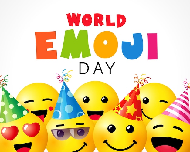 Vector plantilla de fondo de sonrisa del día mundial de emoji texto colorido emoticono lindo iconos 3d con sombreros de fiesta