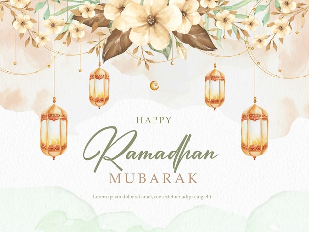 Plantilla de fondo de tarjeta de felicitación de ramadhan con elemento de flores de acuarela