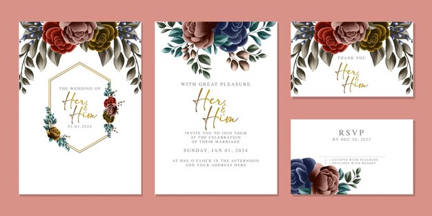 Plantilla de fondo de tarjeta de invitación de boda de flores hermosas de lujo