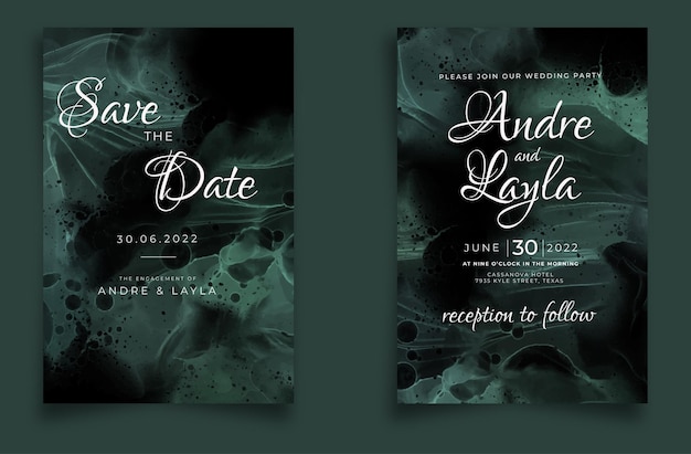 plantilla de fondo de tinta de alcohol de torsión verde de invitación de boda