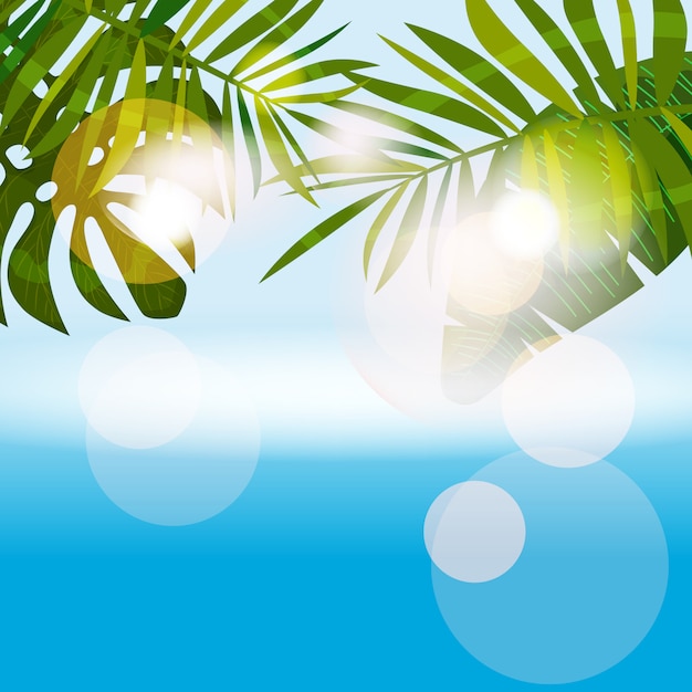 Plantilla de fondo tropical de verano con exóticas hojas de palma y plantas, mar, océano. Diseño de tendencia