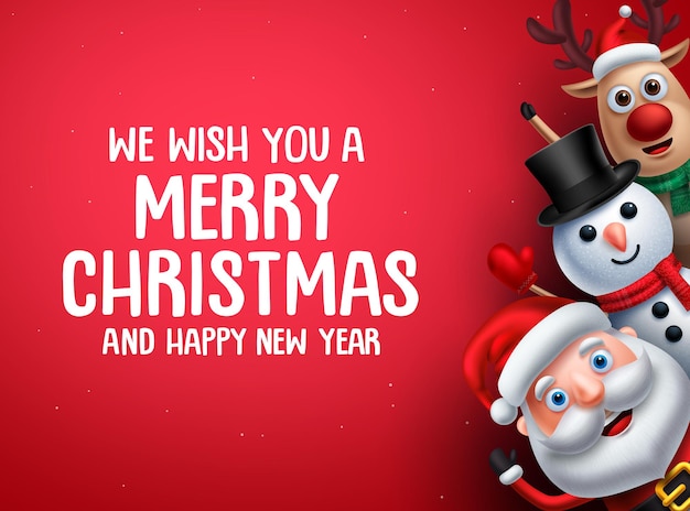 Plantilla de fondo de vector de Navidad con personajes de Navidad. Papá Noel, muñeco de nieve y renos.