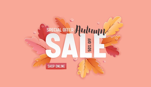 Plantilla de fondo de venta de otoño con hermosas hojas Ilustración para venta de compras, cupón, cartel de promoción y banner web en Vector