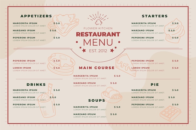 Vector plantilla de formato horizontal de menú de restaurante digital