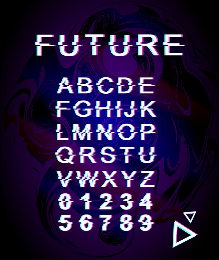 Plantilla de fuente de falla futura. Alfabeto de estilo futurista retro en fondo iridiscente púrpura. Mayúsculas, números y símbolos. Diseño tipográfico moderno con efecto de distorsión.