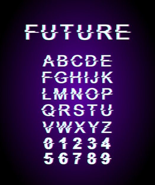 Vector plantilla de fuente de falla futura. alfabeto de estilo retro futurista en fondo violeta. mayúsculas, números y símbolos. diseño tipográfico contemporáneo con efecto de distorsión.