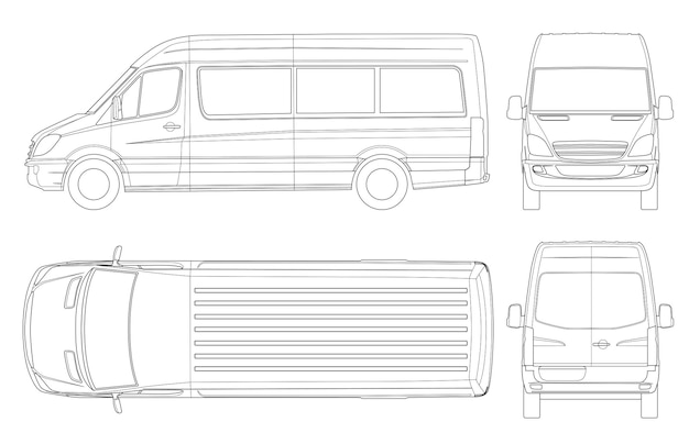 Plantilla de furgoneta realista en contorno. Minibús de pasajeros aislado para identidad corporativa y publicidad. Vista desde el lateral, frontal, posterior y superior. ilustración vectorial