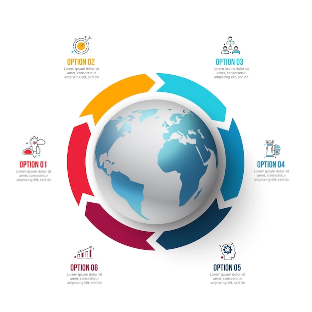 Plantilla global de infografías vectoriales para 6 opciones. Puede utilizarse para el diseño del flujo de trabajo.