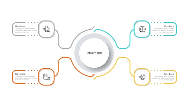 Plantilla gráfica de información empresarial. elemento de línea fina con 4 opciones, pasos o proceso. ilustración vectorial.