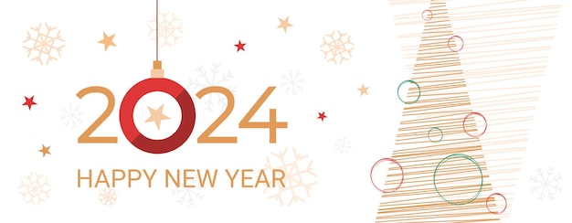 Plantilla gráfica de invitación de fiesta de felicitación de Año Nuevo 2024 con saludo de texto de abeto plano