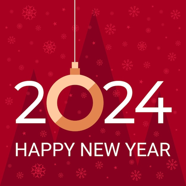 Vector plantilla gráfica de invitación de fiesta de felicitación de año nuevo 2024 con saludo de texto de abeto plano