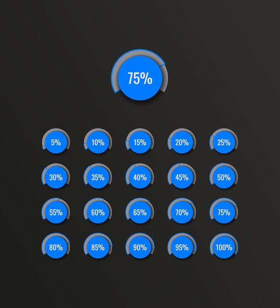 Vector plantilla de gráfico circular de infografía empresarial con elementos redondos azules sobre un fondo negro