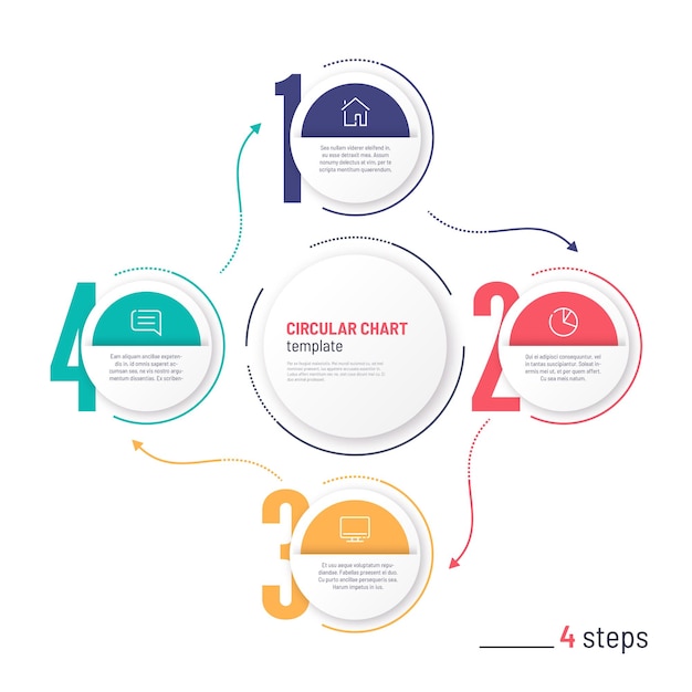 Plantilla de gráfico circular de proceso numerado de infografía vectorial cuatro pasos