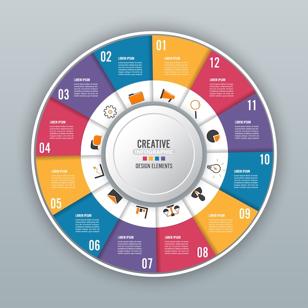 Plantilla de gráfico de círculo infografía con 12 opciones