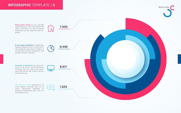 Plantilla de gráfico de círculo infográfico vectorial ligero y ordenado cuatro opciones