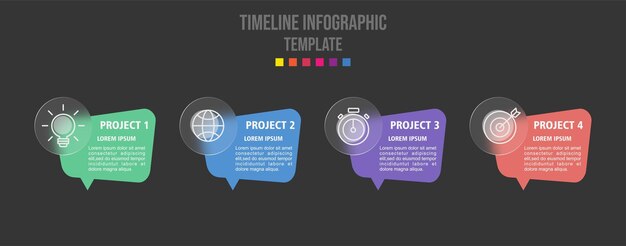 Plantilla de gráfico de línea de tiempo de negocios infográfico 4 pasos efecto de morfismo de vidrio infográfico vectorial