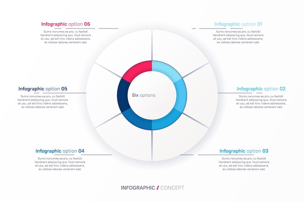 Plantilla de gráfico redondo de infografía vectorial seis partes de pasos de opciones