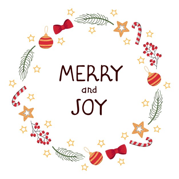 Plantilla de guirnalda de Navidad de vector con letras Merry ang Joy. Dibujar a mano marco. Úselo como invitación, tarjeta de felicitación, póster, pancarta, publicación de diseño de redes sociales, pancarta, folleto y otro diseño gráfico