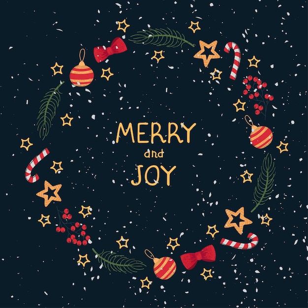 Plantilla de guirnalda de navidad de vector con letras merry ang joy marco de dibujo a mano