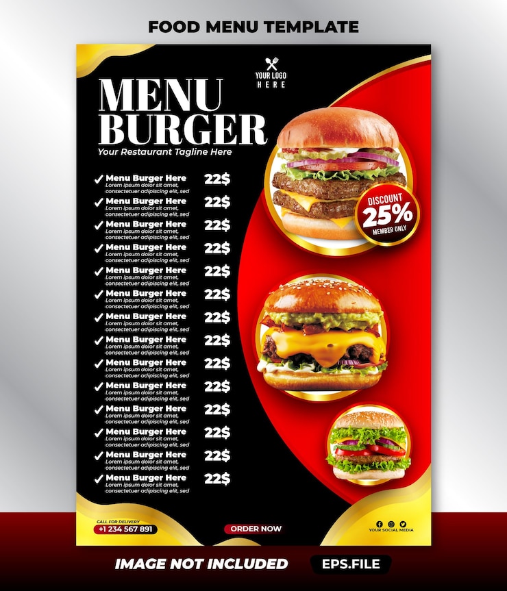 Vector plantilla de hamburguesa de menú de comida de lujo de restaurante moderno