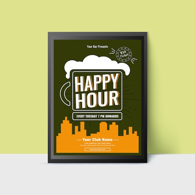 Vector plantilla de happy hour con jarra de cerveza para web, cartel, flyer, invitación a la fiesta en color verde azulado y amarillo.