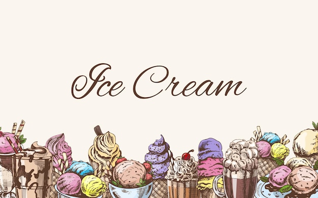 Plantilla de helado de color dibujado a mano vintage