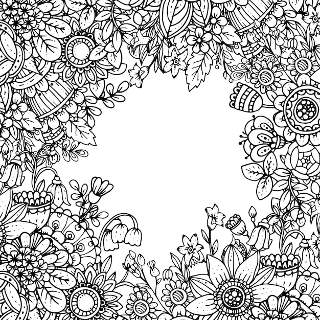 Vector plantilla con hermoso patrón floral monocromo en estilo doodle.