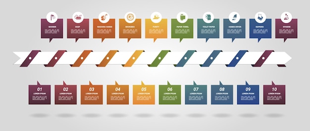 Plantilla de higiene infográfica Los iconos en diferentes colores incluyen jabón de ducha, lavado de manos, microbios y otros