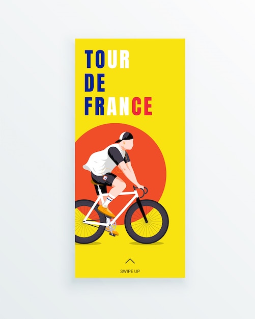 Plantilla de la historia de los medios sociales de la carrera ciclista de hombres del tour de francia con corredor de bicicleta joven sobre fondo amarillo. competiciones deportivas y actividades al aire libre. ropa deportiva y equipamiento.