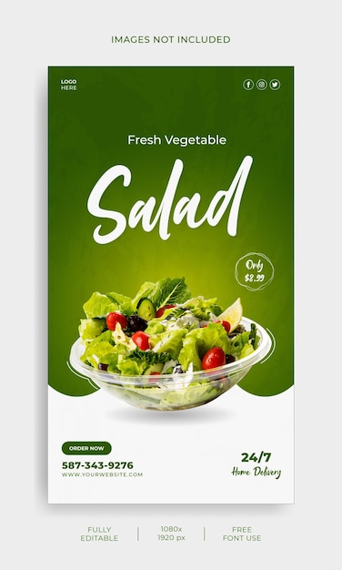 Vector plantilla de historia de redes sociales de restaurante de menú de comida y ensalada de verduras frescas vector premium