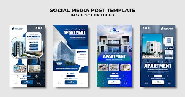 Plantilla de historia, volante y banner de Instagram para redes sociales de apartamentos y bienes raíces para promoción