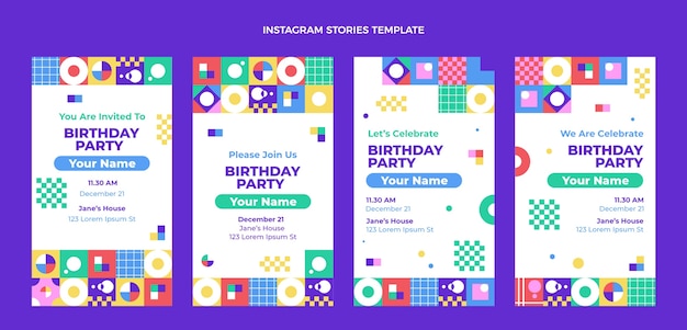 Vector plantilla de historias de instagram de cumpleaños de mosaico de diseño plano