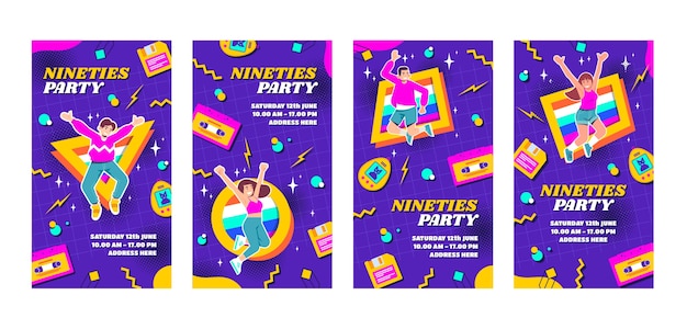 Vector plantilla de historias de instagram de fiesta de los 90 dibujada a mano