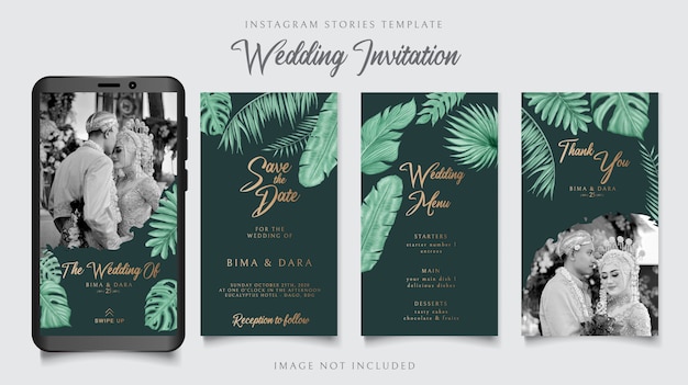 Plantilla de historias de instagram para fondo de tema floral tropical de tarjeta de invitación de boda en papel verde oscuro