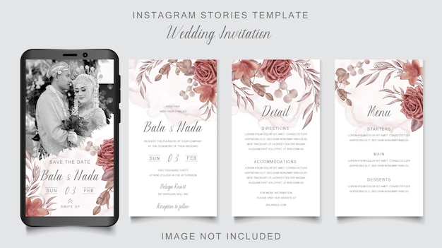 Plantilla de historias de instagram de invitación de boda romántica con adornos florales